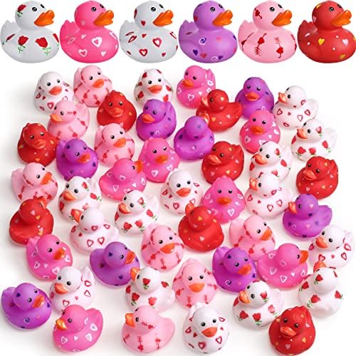 24 Pcs 2 Inch Valentine Rubber Duckies Bulk Valentine's Day Small Heart Rubber Ducks for Pool Bathtub Toys Classroom Prizes Birthday Party Favors Gifts Goodie Bag Fillers, 6 Styles