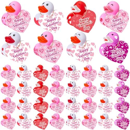 Hollowfly 48 Sets Valentine Rubber Duckies Bulk 2.2 Inch with Gift Cards Heart Ducks Love Small Rubber Duck Bath Toys Duckies for Valentine Day Party Favors Pool Classroom Game Prize Goodie Bag Filler