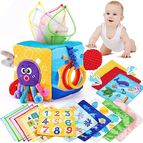 hahaland Baby Tissue Box Toy - Baby Toys 6-12 Months Montessori Toys for 6 Month Old Toys with Textured Tails, Cloth Tissues, Crinkle, Squeaky Sounds, Mirror - Baby Easter Basket Stuffers