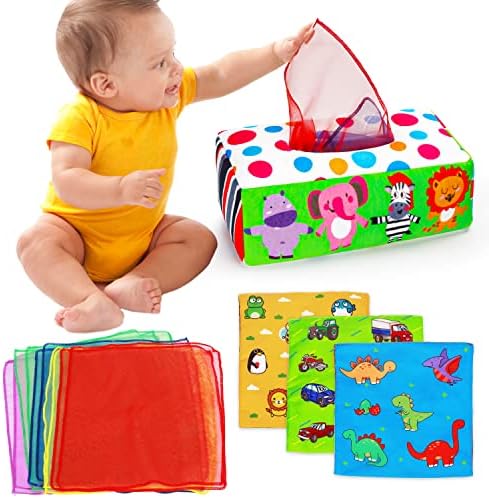 Montessori Tissue Box Toys for 0-2 Year Old Babies - Soft Sensory Educational Crinkle Scarf Toys