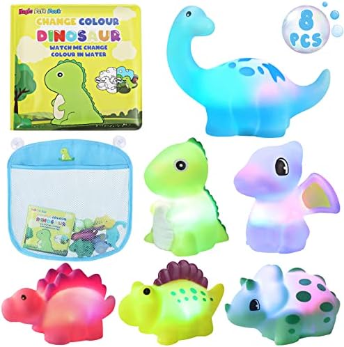 Light Up Bath Toys for Toddlers Kids Baby Boys, No Hole Dinosaur Bath Toys with Bath Book & Organizer, Led Light Bath Time Water Toys for Bath Tubs Bathrooms Pool, Gift for Toddlers Boys Infants